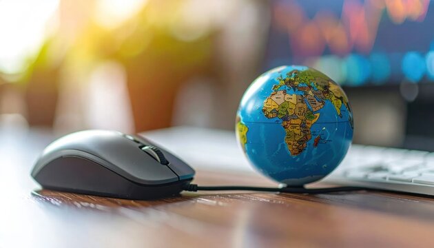 Small globe and computer mouse on wooden desk surface.