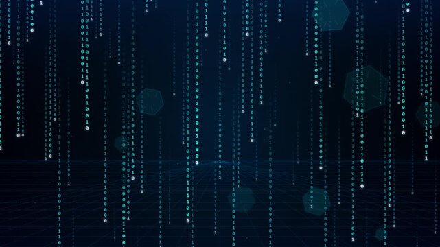 Digital data stream abstract visualization with glowing blue binary code falling on dark background