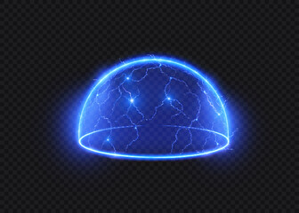 Blue glowing holographic dome shield with electric cracks and futuristic energy barrier effect on dark background. Vector sci-fi game UI protection field and magic force shield element. © Valeriia