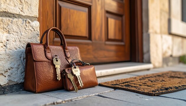 Small leather handbag with keys on a stone porch