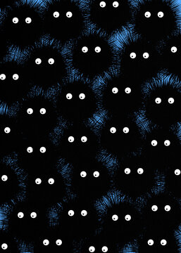 Dense crowd of cute black spiky soot sprite creatures