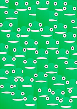 Dense pattern of cute green cartoon frog characters