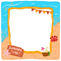 Cute handdrawn watercolor crayon colorful summer beach season holiday photo image picture frame kids doodle illustration clipart