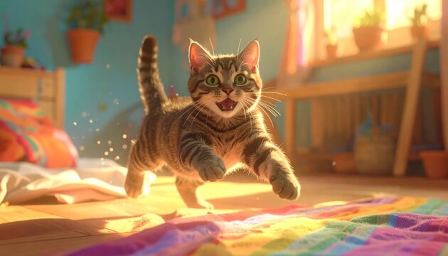 Small tabby kitten pouncing on bed in sunlight.