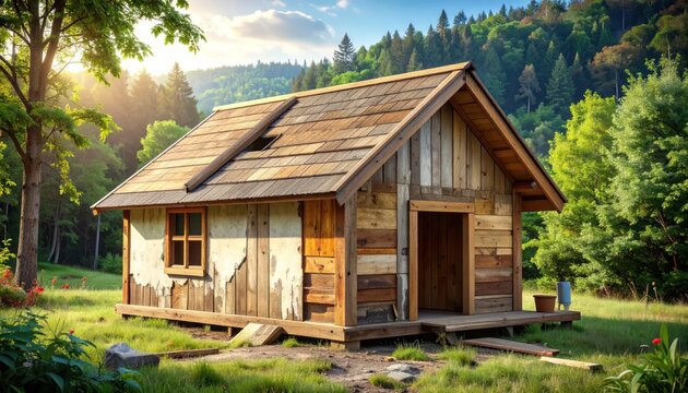 Small timber house in sunny mountain forest landscape.