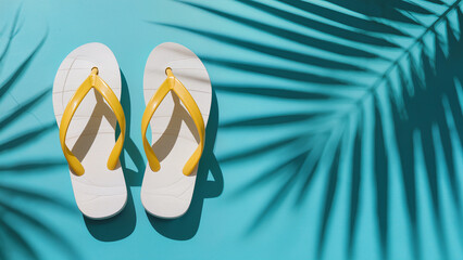 Naklejka premium flip flops on a blue background and shadow from leaves