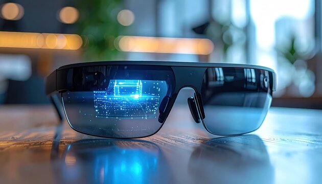 Smart AR glasses with holographic display on desk.