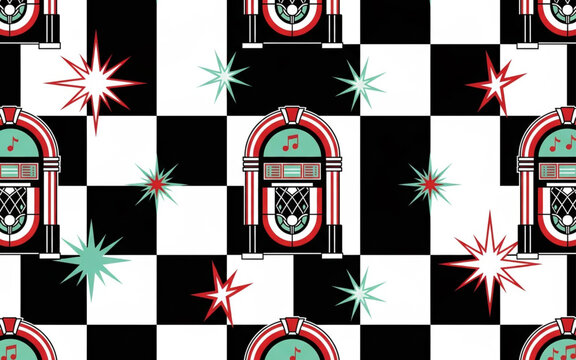 Retro 1950s Jukebox Seamless Pattern with Checkered Background and Starbursts