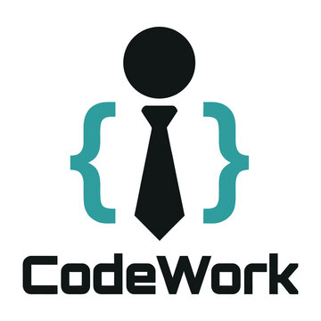 CodeWork logo with person icon and curly brackets symbol icon