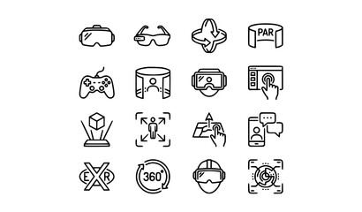 Fototapeta premium Virtual reality and metaverse technology line icons set