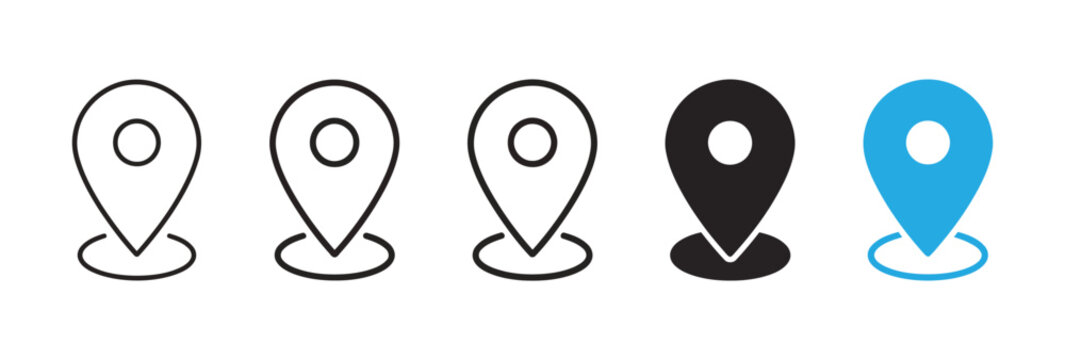 Location pin icon set representing navigation and map markers in outline and solid variations