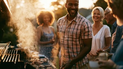 Fototapeta premium Family Gathering Outdoors Celebrating 4th of July with Barbecue and Smiles