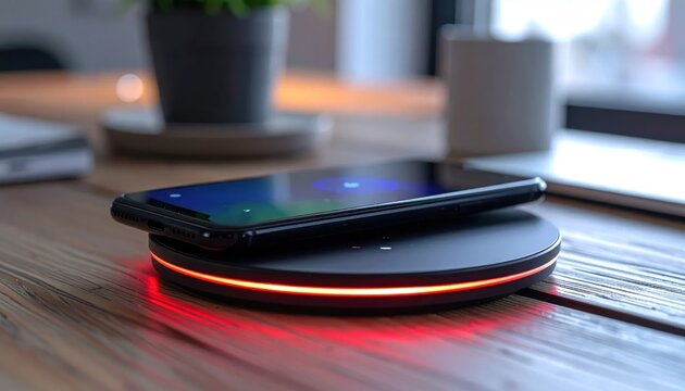 Smartphone charging on circular glowing wireless charging pad.