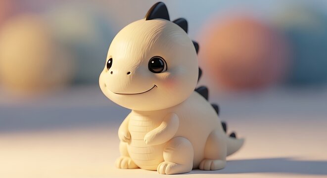 Cute pale dragon figurine with dark spikes and a friendly smile in a soft focus setting