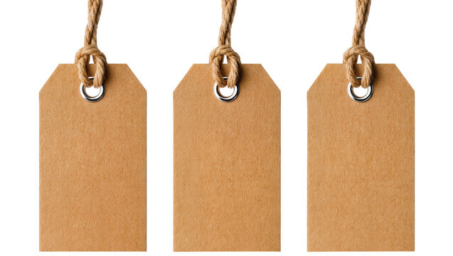 Three blank brown cardboard gift tags with metal eyelets and rope, isolated on transparent background