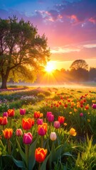 Fototapeta premium A vibrant tulip field bathed in the golden light of a sunrise, with a large tree silhouetted against the colorful sky.