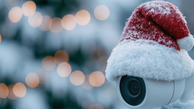 Outdoor security camera covered with snow wearing red and white winter hat during cold snowy weather with blurred background and bokeh light effect