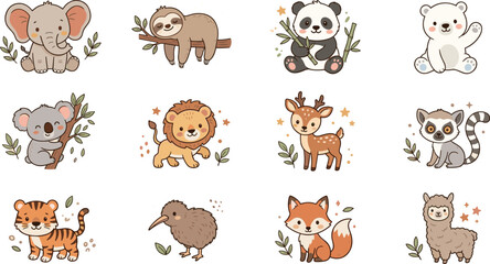 Obraz premium Cute Baby Animal Cartoon Collection Featuring Elephant Sloth Panda Polar Bear Koala Lion Deer Lemur Tiger Kiwi Bird Fox and Alpaca Vector Illustration