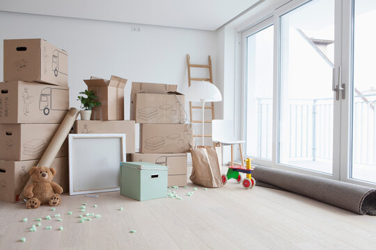 Piled cardboard boxes in flat