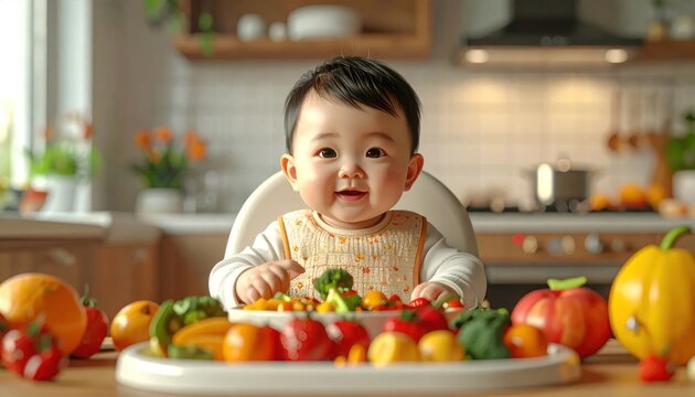Smiling baby in high chair with fresh vegetable platter.