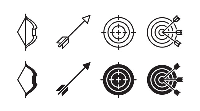 Archery equipment and target practice icons in line and solid style with shooting bullseye competition graphics