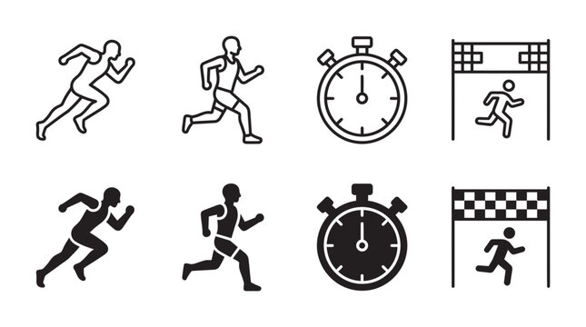 Athletic running and track icons featuring sprinters and stopwatch symbols sprinter stopwatch athletics collection