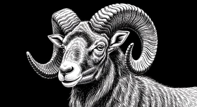 Detailed black and white engraving style illustration of a ram with large curved horns