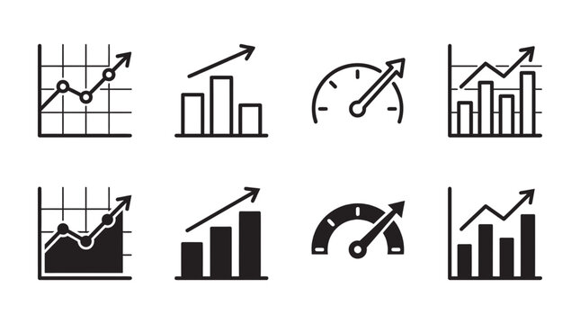 Growth and performance analytics icon set for financial reporting and business data with business performance increase