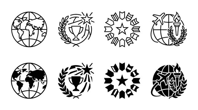 Global achievement and travel icon set featuring world globes trophies and awards achievement interface competition