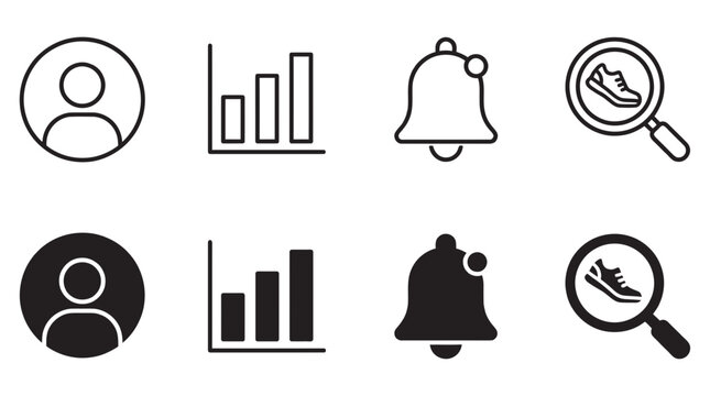 User profile and business analytics icon set with search and notification symbols business analytics notification
