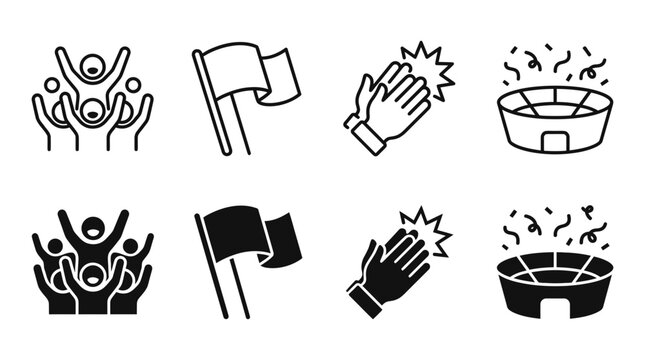 Fan celebration and stadium event icons featuring cheering crowds flags clapping hands and stadium arena, celebration