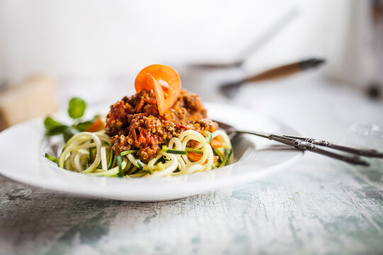 Zoodles, Spaghetti made from Zucchini, with bolognese sauce