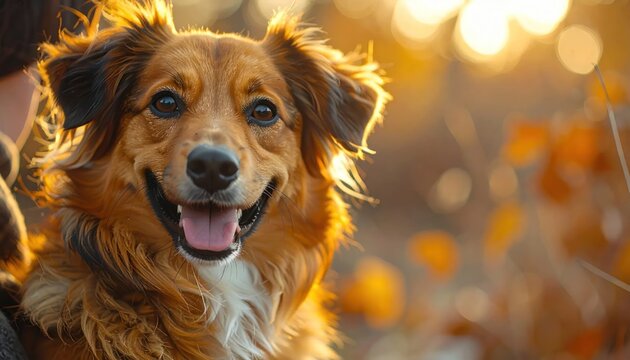 Smiling dog portrait in warm golden hour light.
