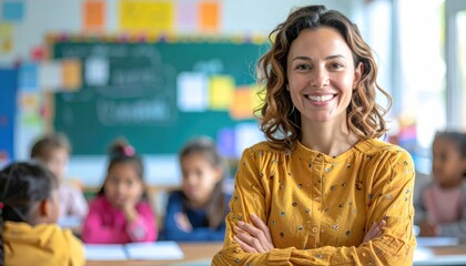 Smiling female teacher standing in primary school classroom.
