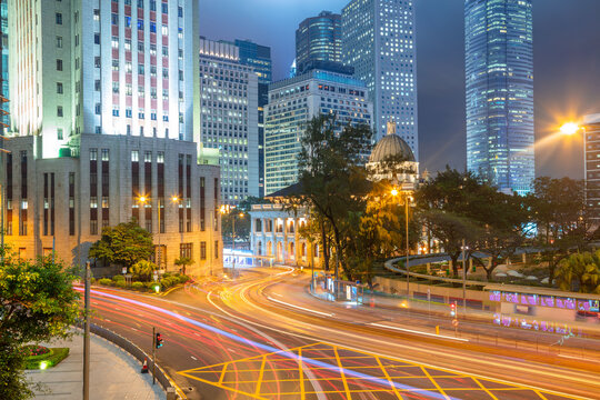 Hong Kong Intersection and Skyscrapers at Night