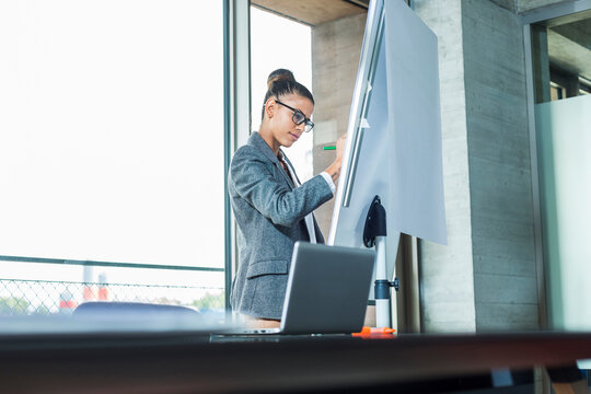 Young woman in office working at flip chart