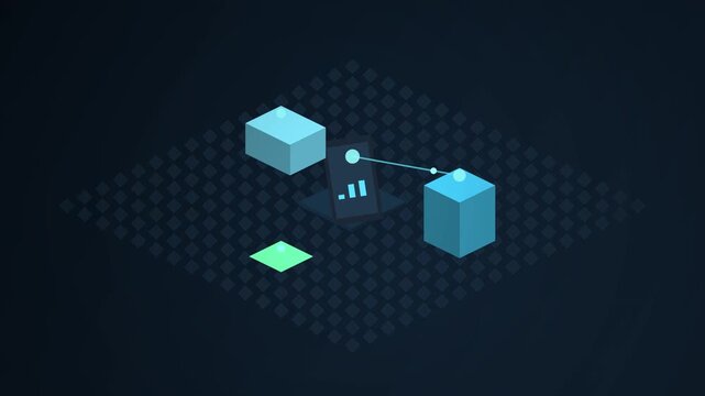 An infographic illustrates data connection between two cubes on a dark background with geometric shapes.