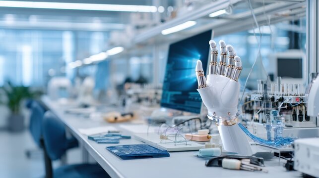 Robotic prosthetic hand in advanced medical research laboratory for ai robotics design and engineering background