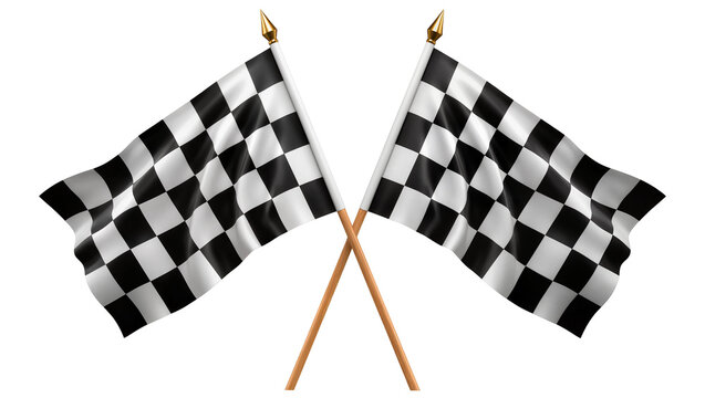 Two checkered racing flags crossed, isolated on transparent background