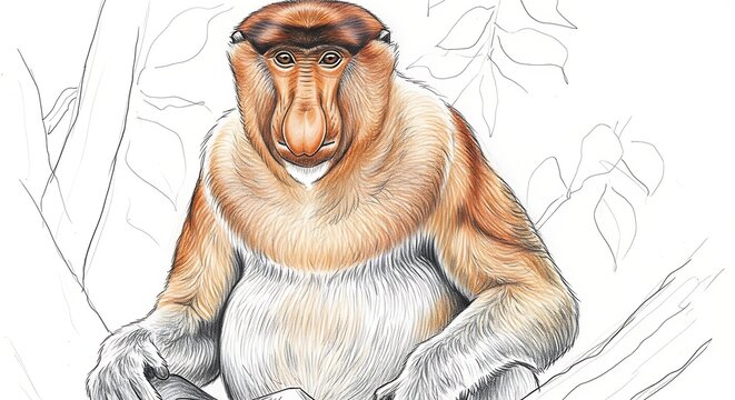 Detailed scientific illustration of a proboscis monkey with natural coloring and sketched background elements