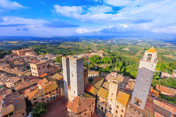 Naklejka premium San Gimignano, Italy, province of Siena. Aerial view of the medieval town in Tuscany.