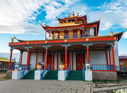 Scenic view of Buddhist temple on the territory of Ivolginsky Datsan, Buryatia, Russia.
