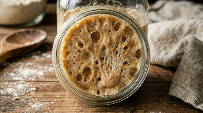 Sourdough starter in glass jar with bubbles and texture, showcasing fermentation process