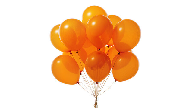 Cluster of bright orange balloons floating, isolated on transparent background