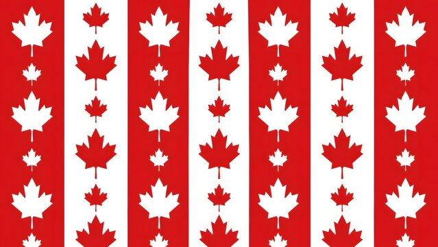 Seamless pattern with canadian maple leaves on red and white vertical stripes background