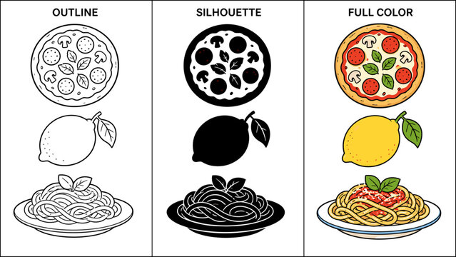 Collection of Italian food and citrus fruit in outline, silhouette, and full color