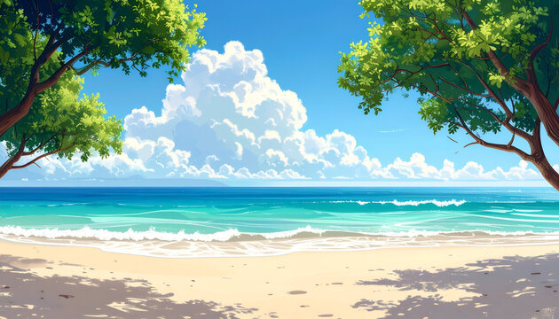 Anime-style beach scene azure ocean, fluffy clouds, sandy shore, and leafy trees frame the view