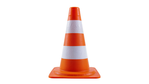 Orange and white striped traffic cone, isolated on transparent background