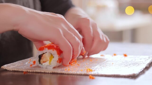 Close-up cinematic motion of hands spreading orange flying fish roe tobiko over a sushi roll, demonstrating the intricate process of japanese culinary preparation.