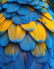 Obraz premium Close-up texture of vibrant blue and yellow macaw feathers.